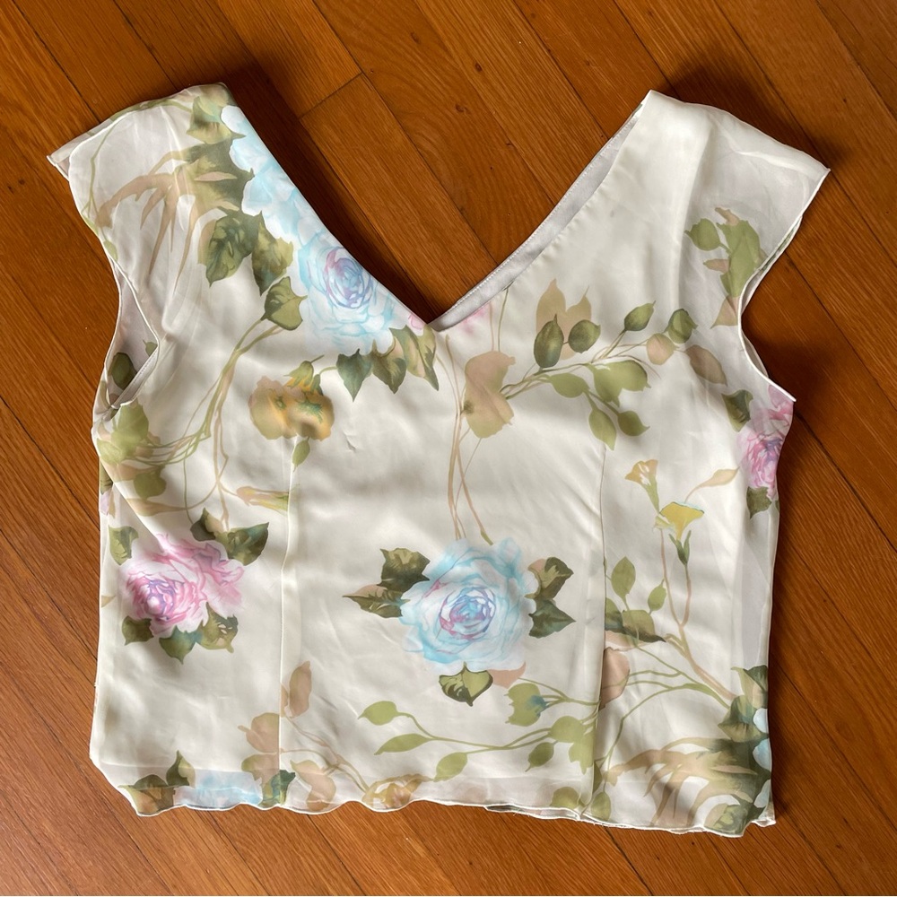 Vintage 90s Cottagecore Cream Floral Embroidered Off Shoulder Top - Picture 3 of 5